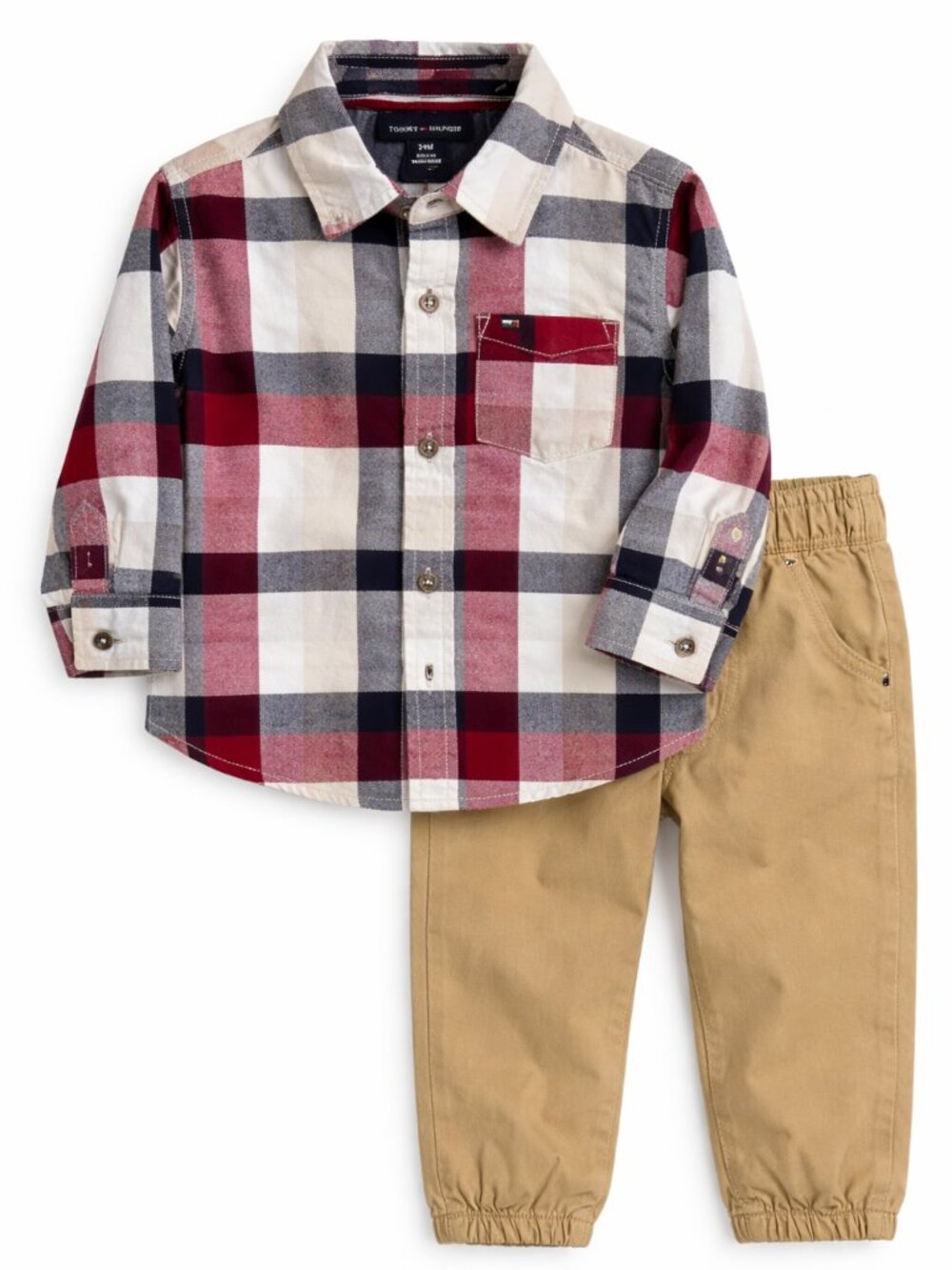 NWT Tommy Hilfiger Baby Boy 2 Piece Outfit 24 Months Plaid Shirt Khaki Pants Set
